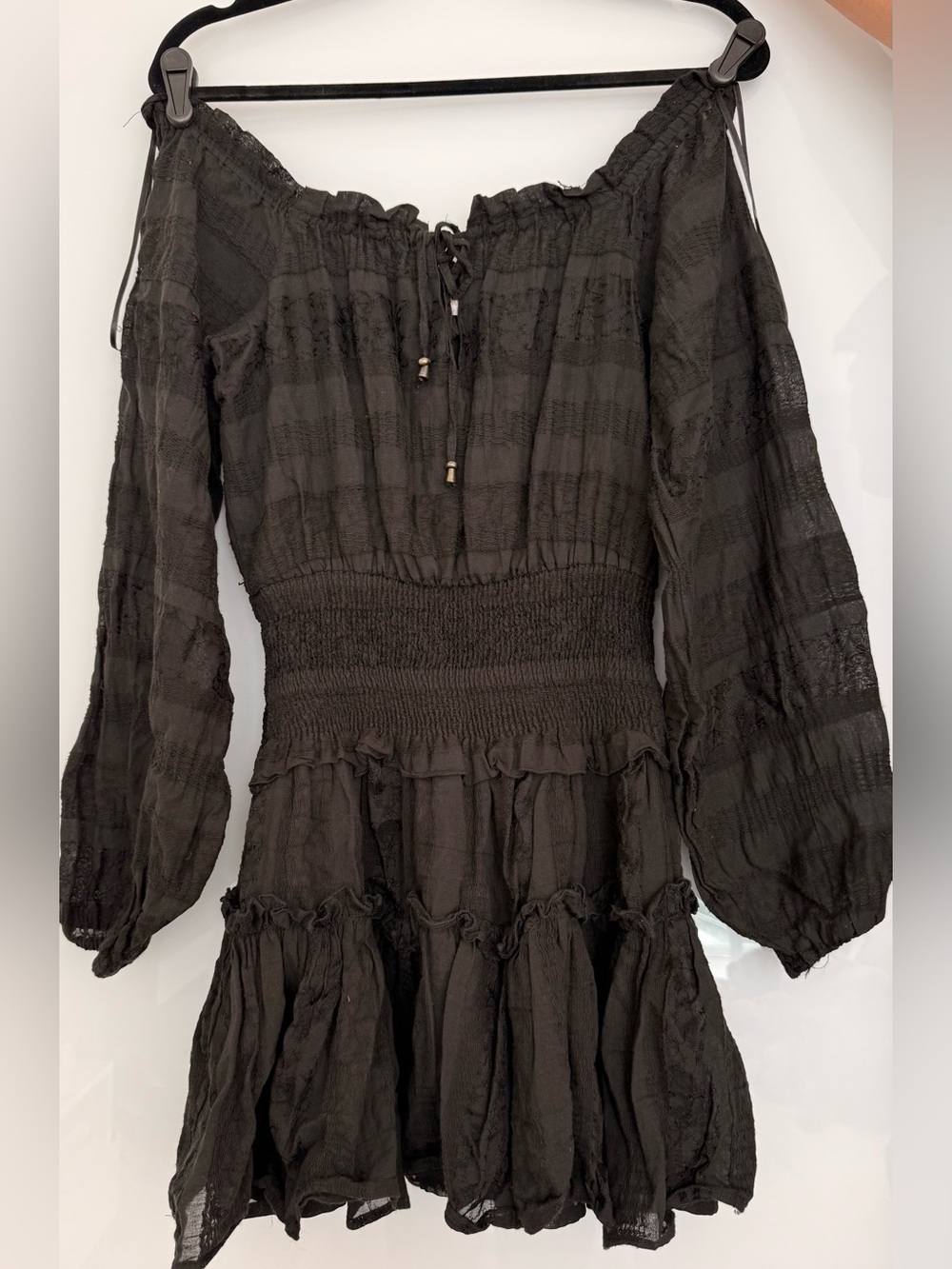 Ramy Brook Black Off-Shoulder Smocked Waist Long Sleeve Dress